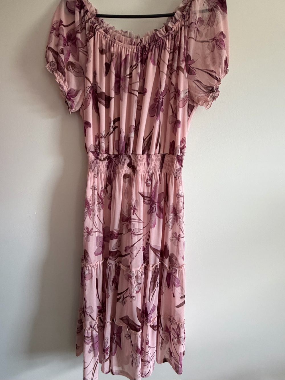 Pink Floral  Tiered Midi Dress with Smocked Waist